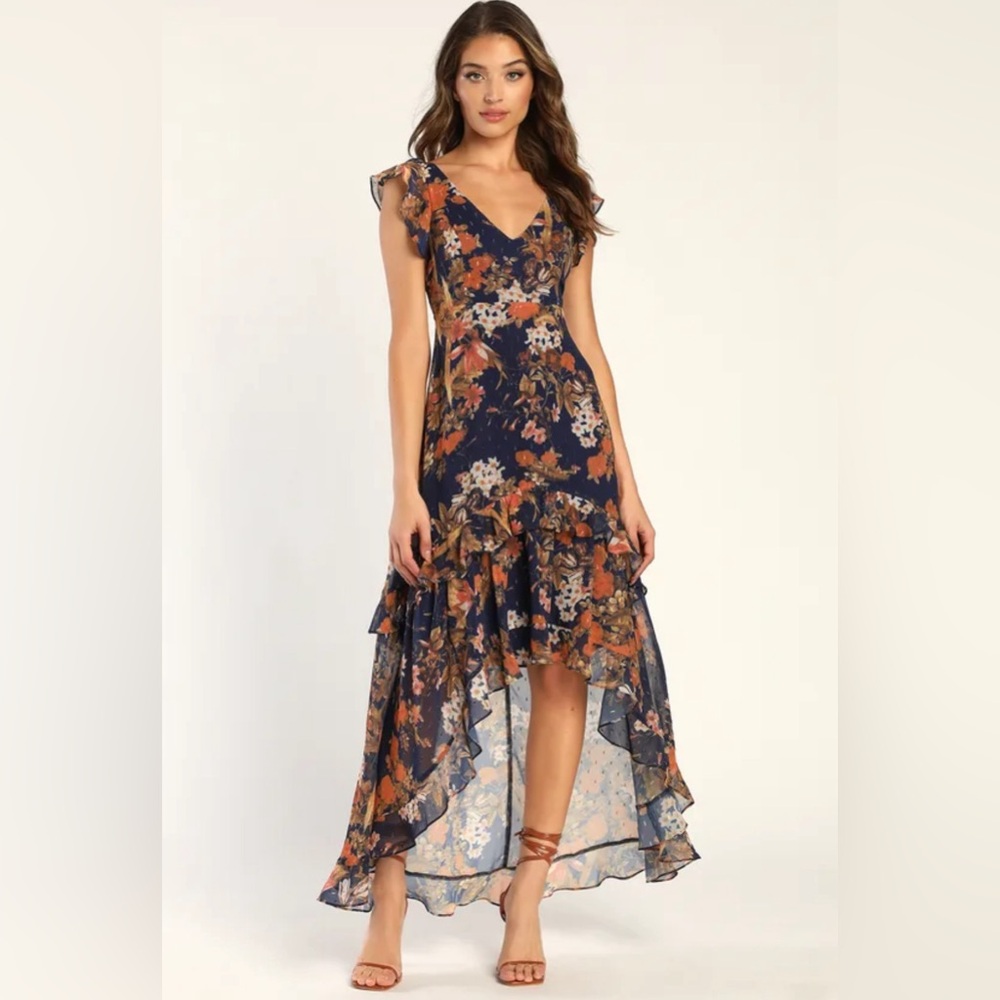 Lulus Stunning Favorite Navy Blue Floral Ruffled High-Low Maxi Dress Size XL